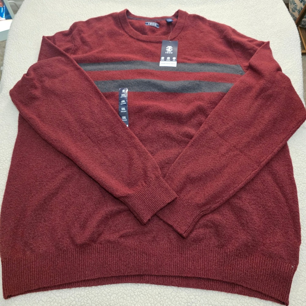 IZOD Men Preppy Old Money Nautical Academia Maroon Striped Crewneck Sweater 2XL